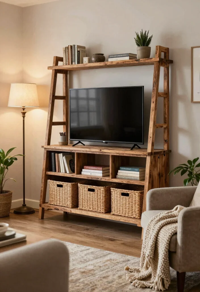 16 TV Stand Bookshelf Ideas That Save Space Stylishly - 2. Rustic Ladder Shelf TV Stand 1