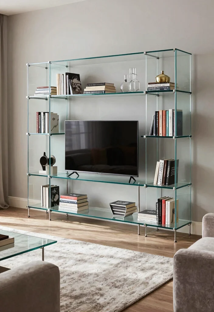 16 TV Stand Bookshelf Ideas That Save Space Stylishly - 9. Stylish Glass TV Stand Bookshelves 1