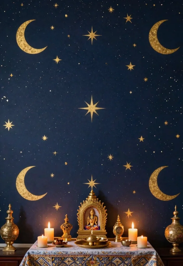 16 Wallpaper for Mandir Wall Ideas With Elegant Detail 16 16 Wallpaper for Mandir Wall Ideas With Elegant Detail - 6. Celestial Themes 1