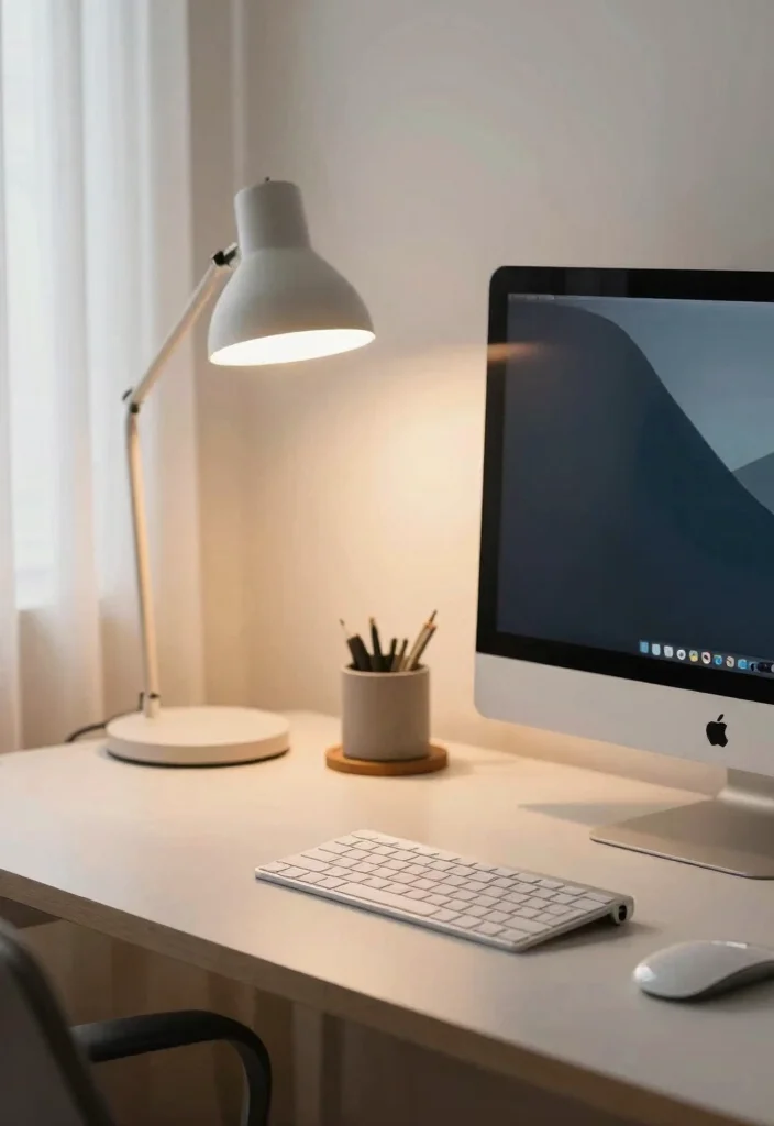 17 Apple Desk Setup Ideas That Look Clean & Minimal - 12. Soft Lighting Options 1