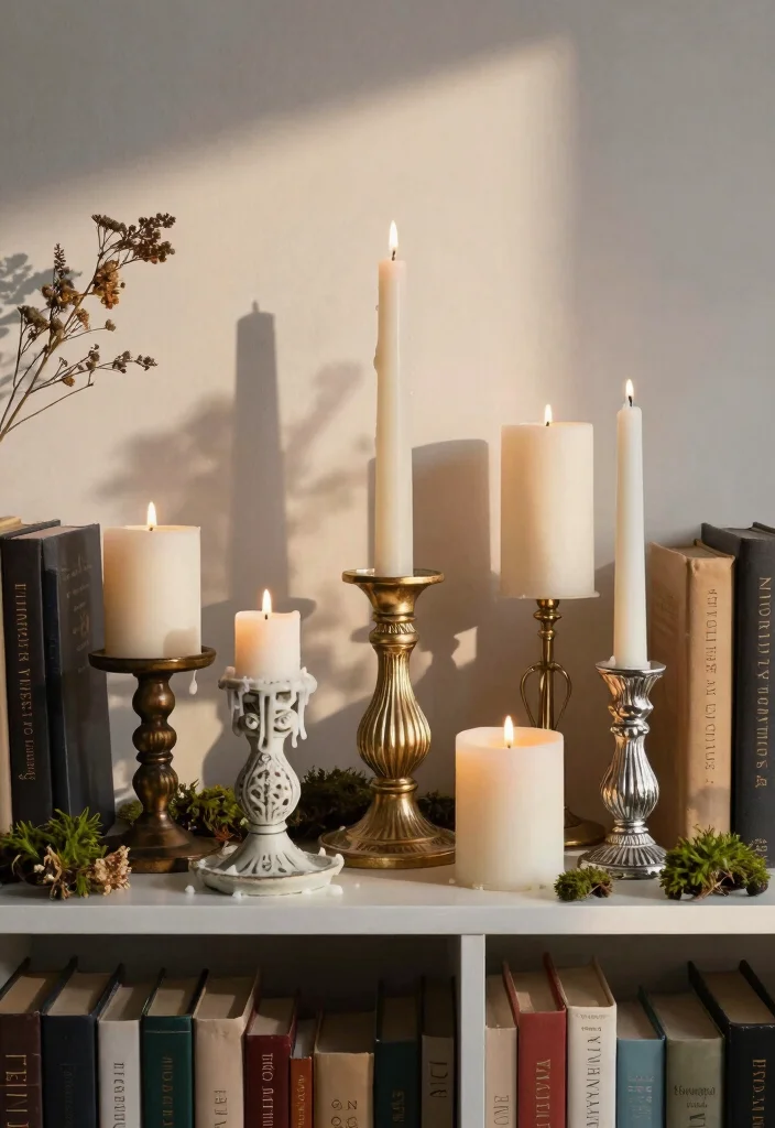 17 Bookshelf Dark Academia Ideas With Moody Vibes 2 17 Bookshelf Dark Academia Ideas With Moody Vibes - 2. Atmospheric Candle Arrangements 1