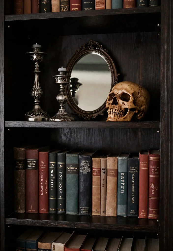 17 Bookshelf Dark Academia Ideas With Moody Vibes 15 17 Bookshelf Dark Academia Ideas With Moody Vibes - 5. Gothic Home Accessories 1