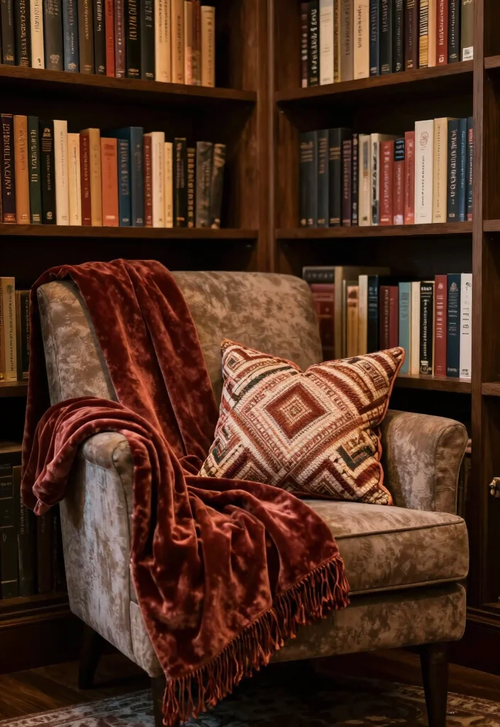 17 Bookshelf Dark Academia Ideas With Moody Vibes 19 17 Bookshelf Dark Academia Ideas With Moody Vibes - 9. Incorporating Textiles 1