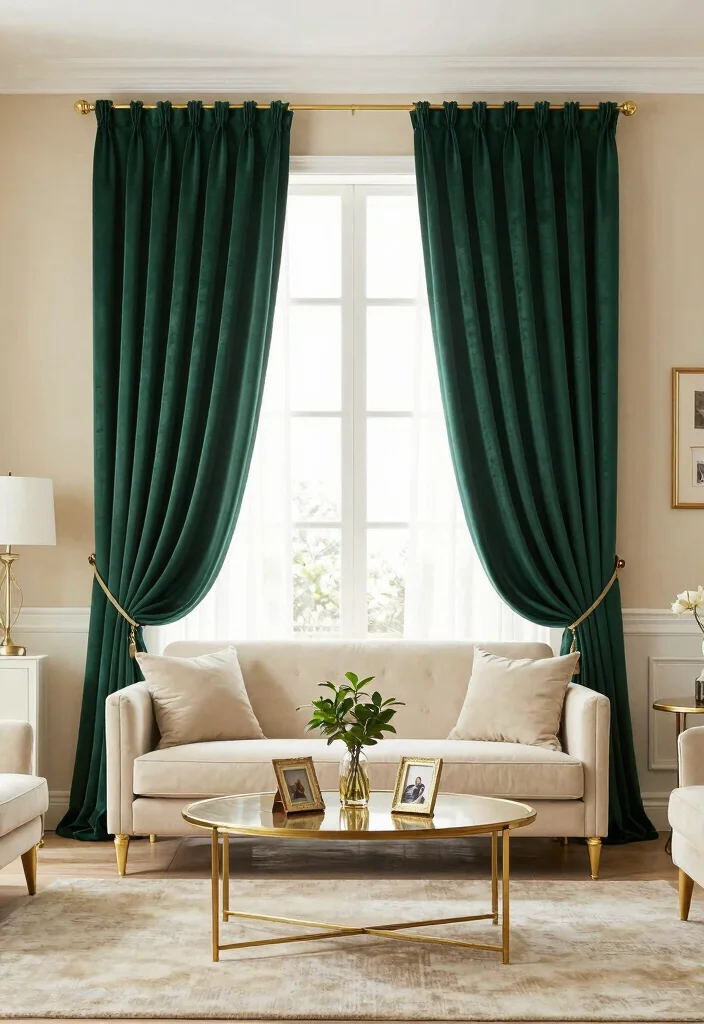 17 Green Curtains Living Room Ideas That Calm & Refresh - 1. Deep Emerald Elegance 1