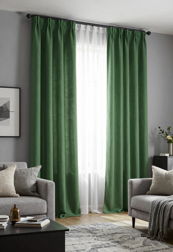 17 Green Curtains Living Room Ideas That Calm & Refresh - 10. Layered Textures 1