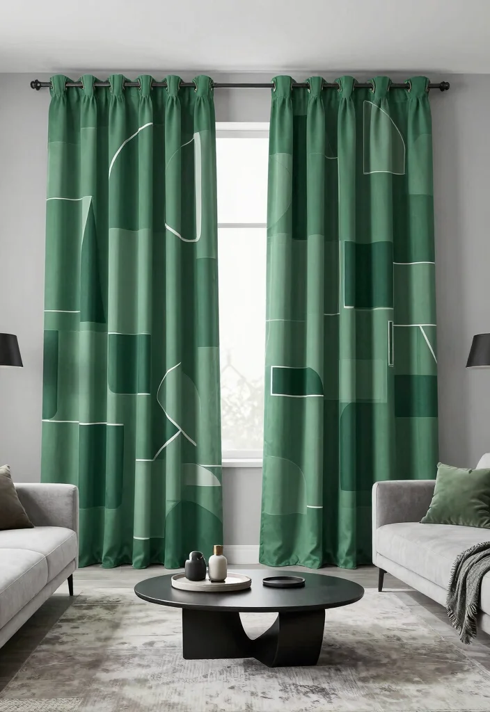 17 Green Curtains Living Room Ideas That Calm & Refresh - 11. Geometric Greens 1