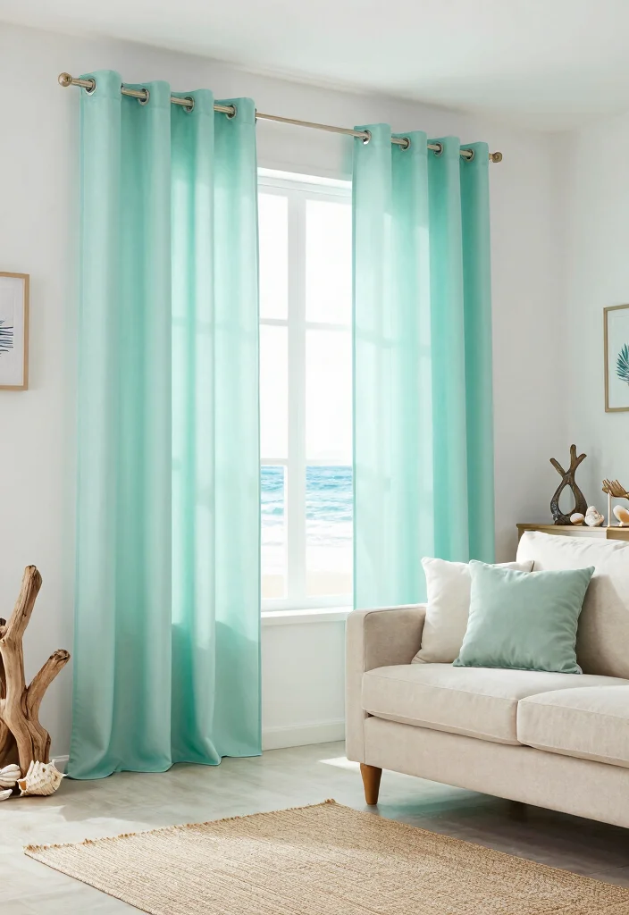 17 Green Curtains Living Room Ideas That Calm & Refresh - 12. Ocean-Inspired Greens 1