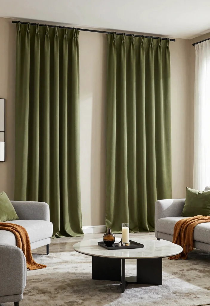 17 Green Curtains Living Room Ideas That Calm & Refresh - 13. Chic Olive Green Drape 1