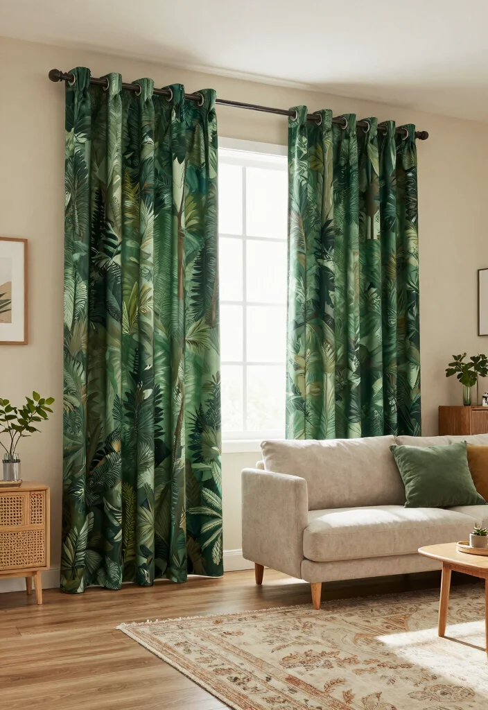 17 Green Curtains Living Room Ideas That Calm & Refresh - 14. Lush Forest Prints 1