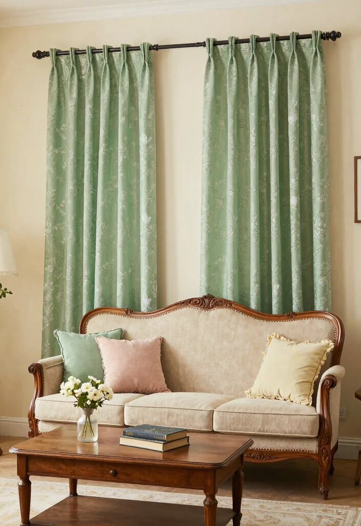 17 Green Curtains Living Room Ideas That Calm & Refresh - 15. Vintage Green Charm 1