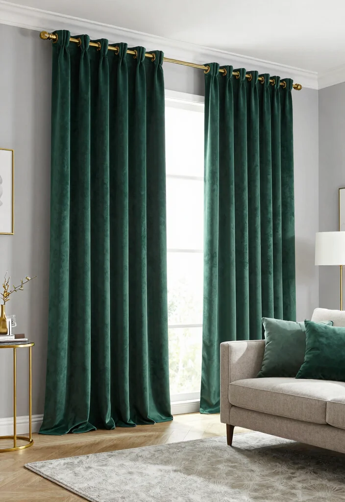 17 Green Curtains Living Room Ideas That Calm & Refresh - 17. Glamorous Green Velvet 1