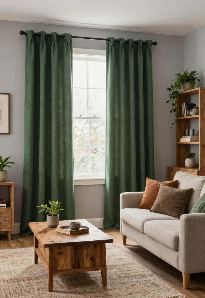 17 Green Curtains Living Room Ideas That Calm & Refresh - 3. Forest Green Retreat 1