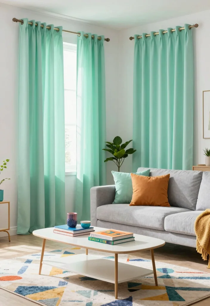 17 Green Curtains Living Room Ideas That Calm & Refresh - 4. Minty Freshness 1