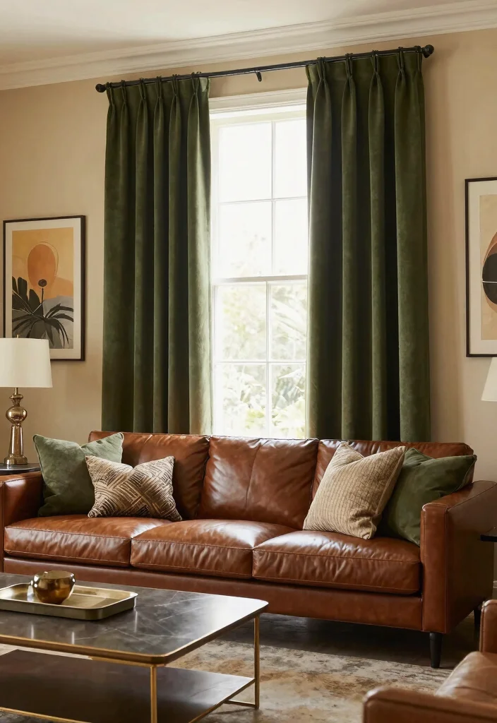 17 Green Curtains Living Room Ideas That Calm & Refresh - 5. Olive Green Sophistication 1