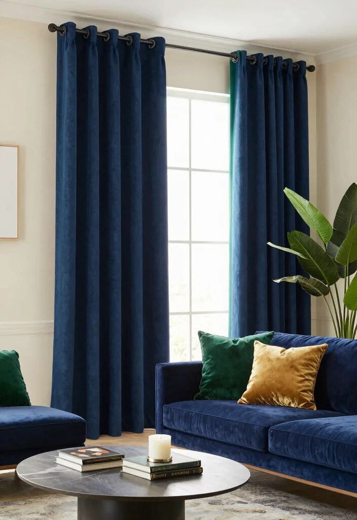17 Green Curtains Living Room Ideas That Calm & Refresh - 7. Classic Navy Green Combo 1