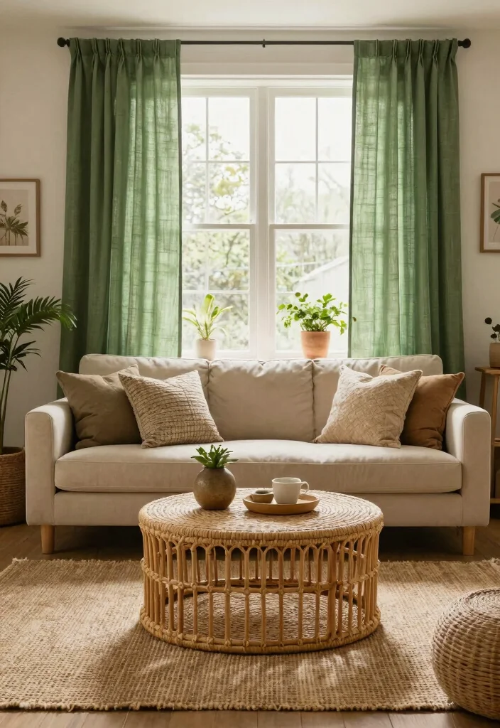 17 Green Curtains Living Room Ideas That Calm & Refresh - 8. Nature-Inspired Textures 1