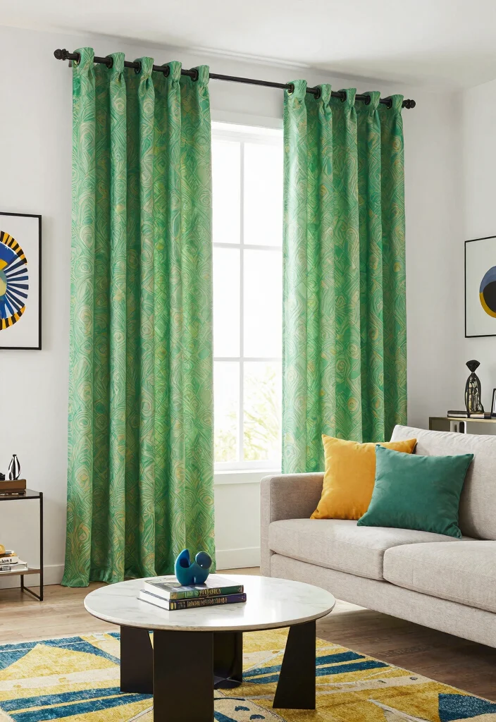 17 Green Curtains Living Room Ideas That Calm & Refresh - 9. Playful Patterns 1