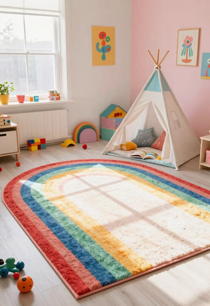 17 Kids Room Carpet Ideas That Are Soft & Fun 19 17 Kids Room Carpet Ideas That Are Soft & Fun - 9. Bright Rainbow Rugs 1