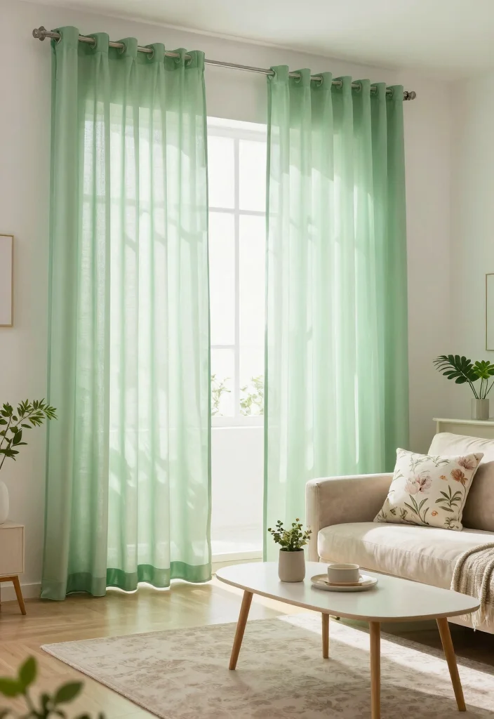 18 Green Living Room Curtains Ideas With Earthy Vibes - 10. Sheer Green Curtains 1