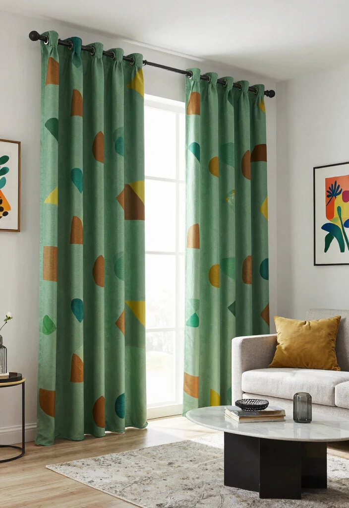 18 Green Living Room Curtains Ideas With Earthy Vibes - 11. Colorful Geometric Patterns 1