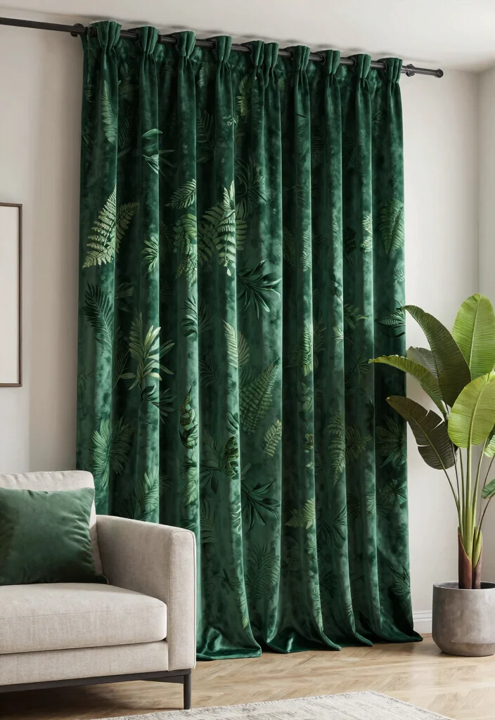 18 Green Living Room Curtains Ideas With Earthy Vibes - 15. Velvet Touch with Nature-Inspired Motifs 1