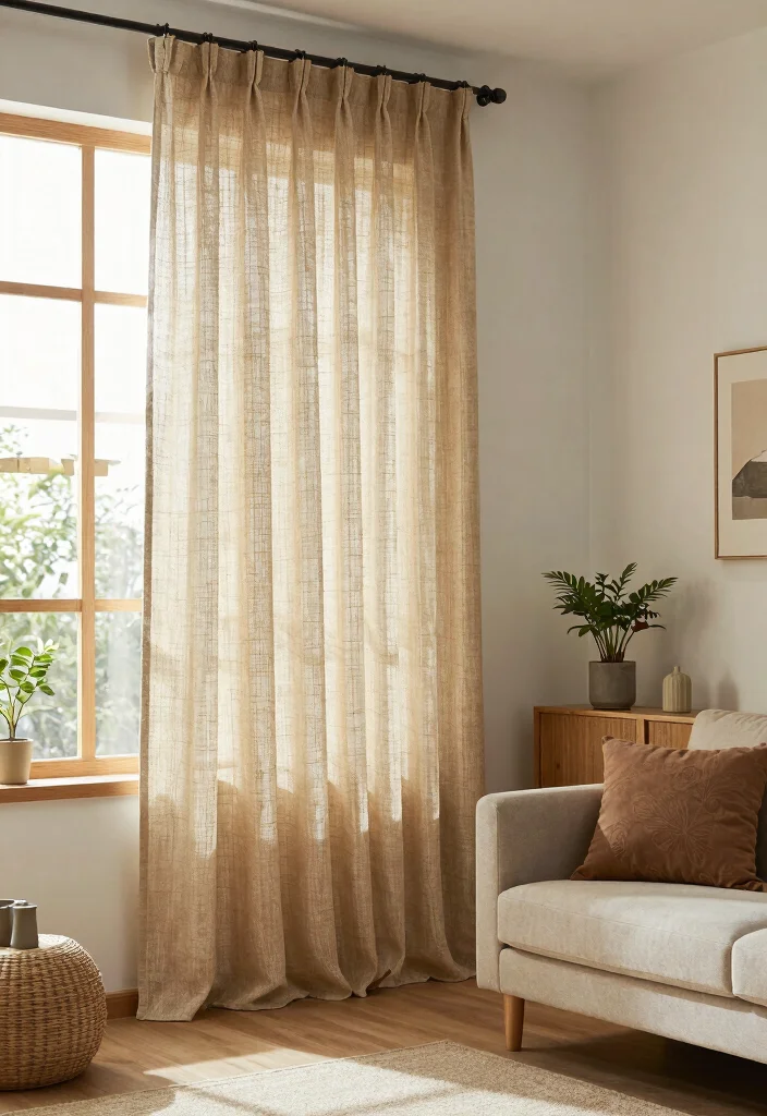 18 Green Living Room Curtains Ideas With Earthy Vibes - 16. Rustic Jute Curtains 1