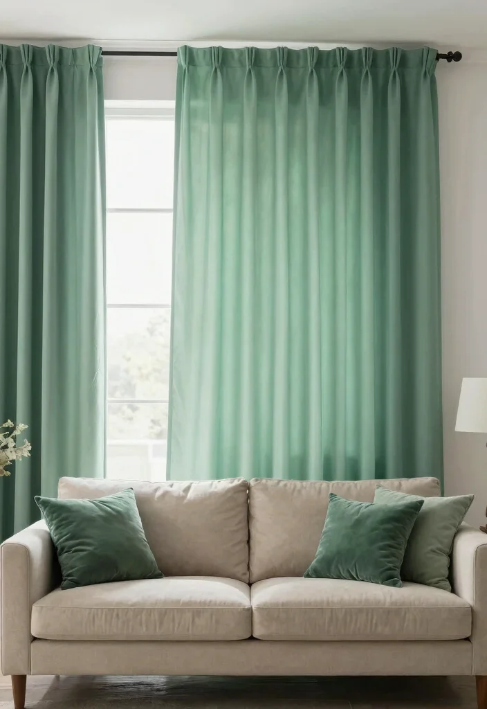 18 Green Living Room Curtains Ideas With Earthy Vibes - 17. Monochromatic Green Shades 1