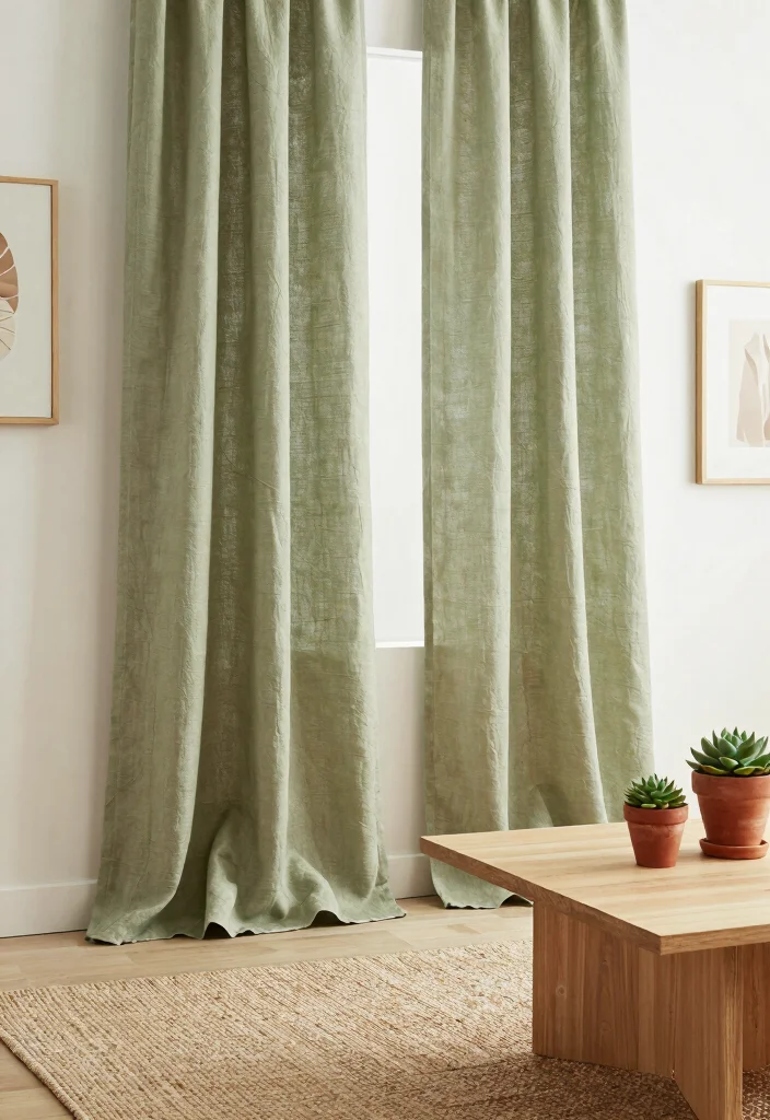 18 Green Living Room Curtains Ideas With Earthy Vibes - 2. Linen Blends with Earthy Textures 1