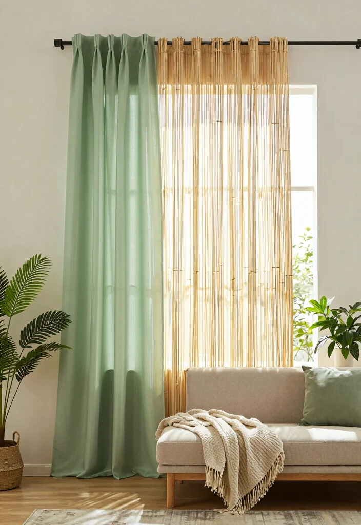 18 Green Living Room Curtains Ideas With Earthy Vibes - 4. Bamboo Curtains for Natural Appeal 1