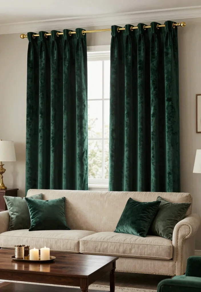 18 Green Living Room Curtains Ideas With Earthy Vibes - 6. Eco-Friendly Velvet Curtains 1