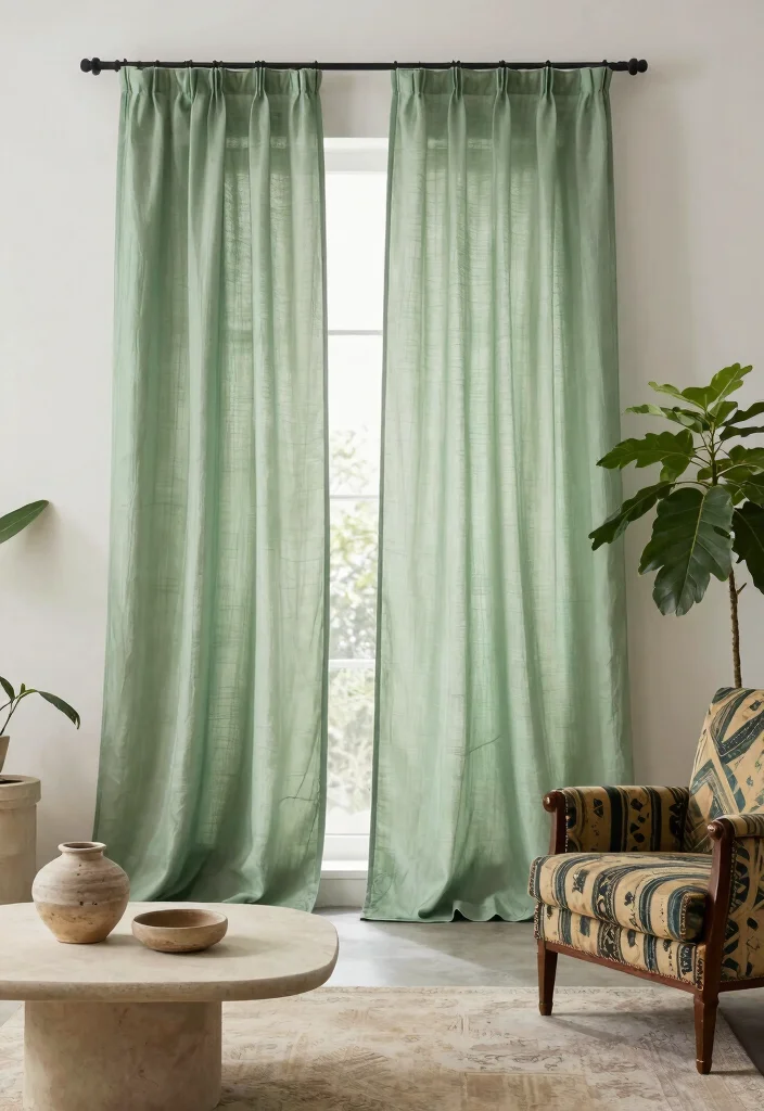 18 Green Living Room Curtains Ideas With Earthy Vibes - 7. Natural Dye Curtains 1