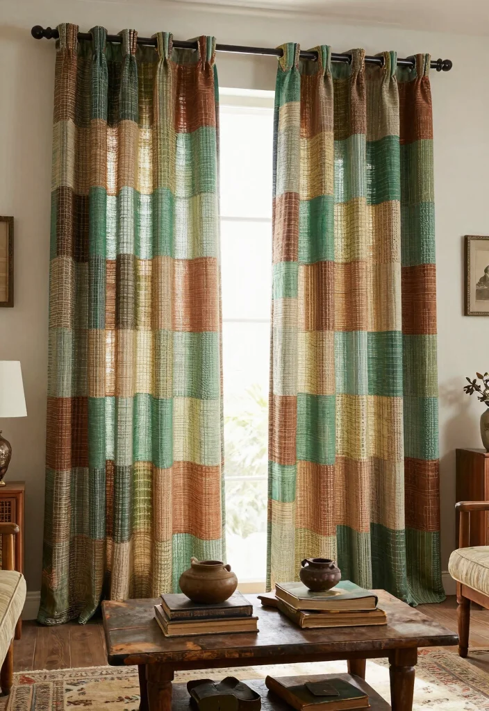 18 Green Living Room Curtains Ideas With Earthy Vibes - 8. Reclaimed Fabric Curtains 1