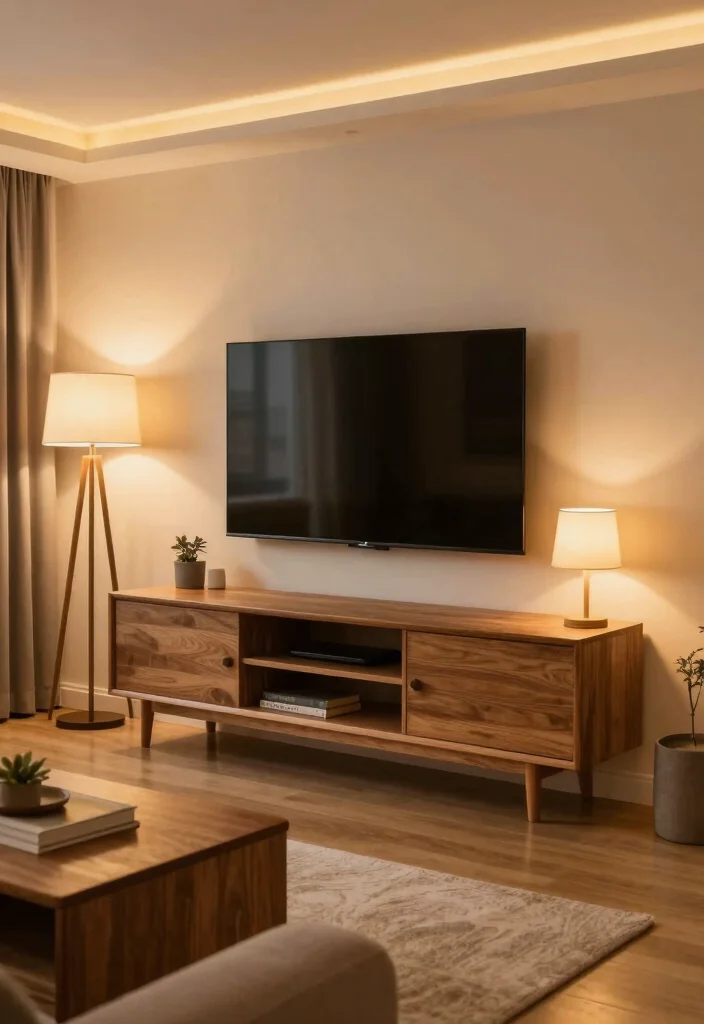 18 Wood TV Stand Decor Living Room Ideas That Feel Warm 31 18 Wood TV Stand Decor Living Room Ideas That Feel Warm - 11. Layered Lighting 1