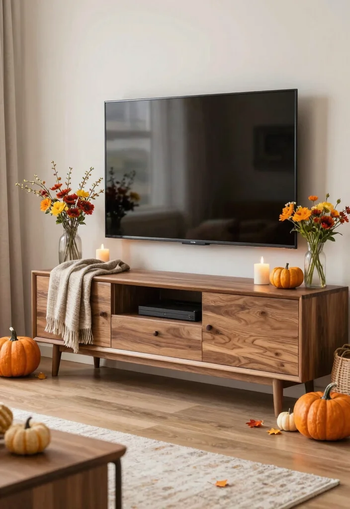 18 Wood TV Stand Decor Living Room Ideas That Feel Warm 42 18 Wood TV Stand Decor Living Room Ideas That Feel Warm - 12. Seasonal Decor 1