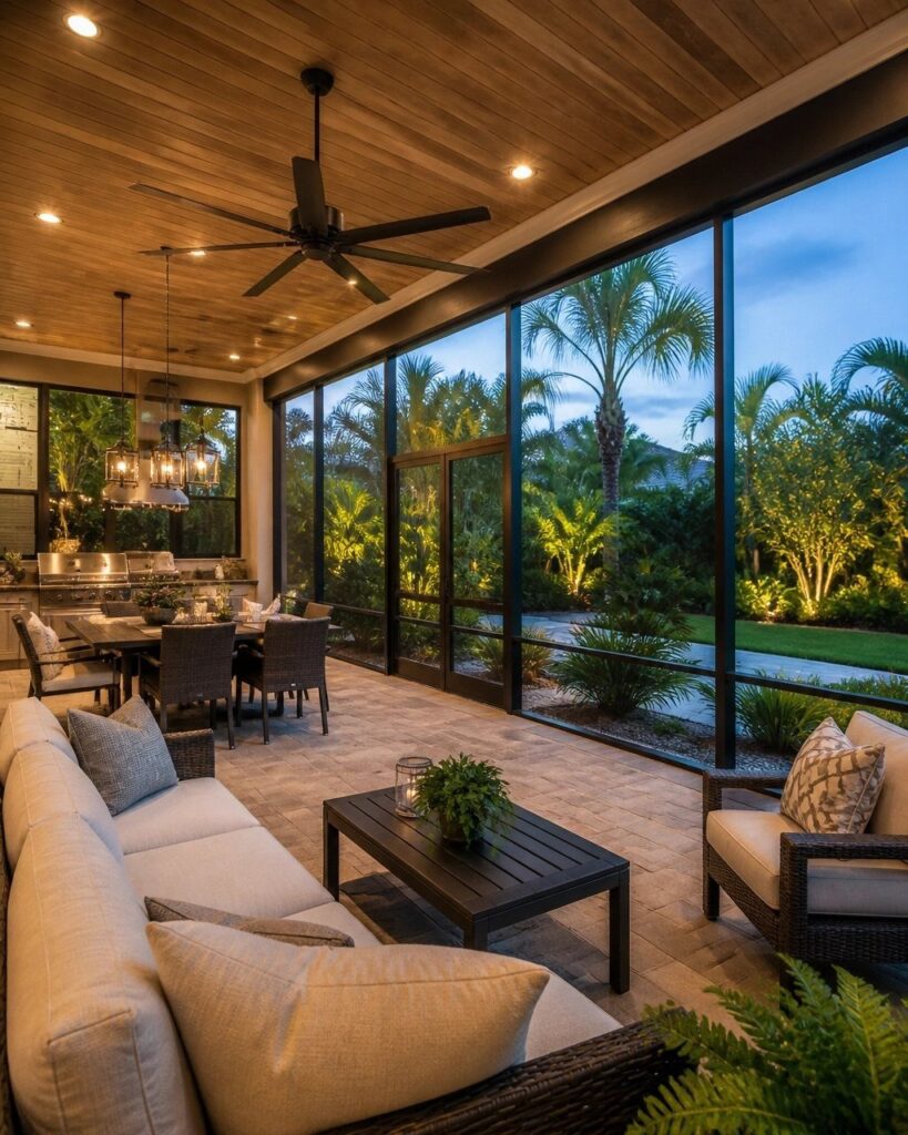 A luxury screened-in patio with lounge seating, dining area, and tropical garden views at twilight.