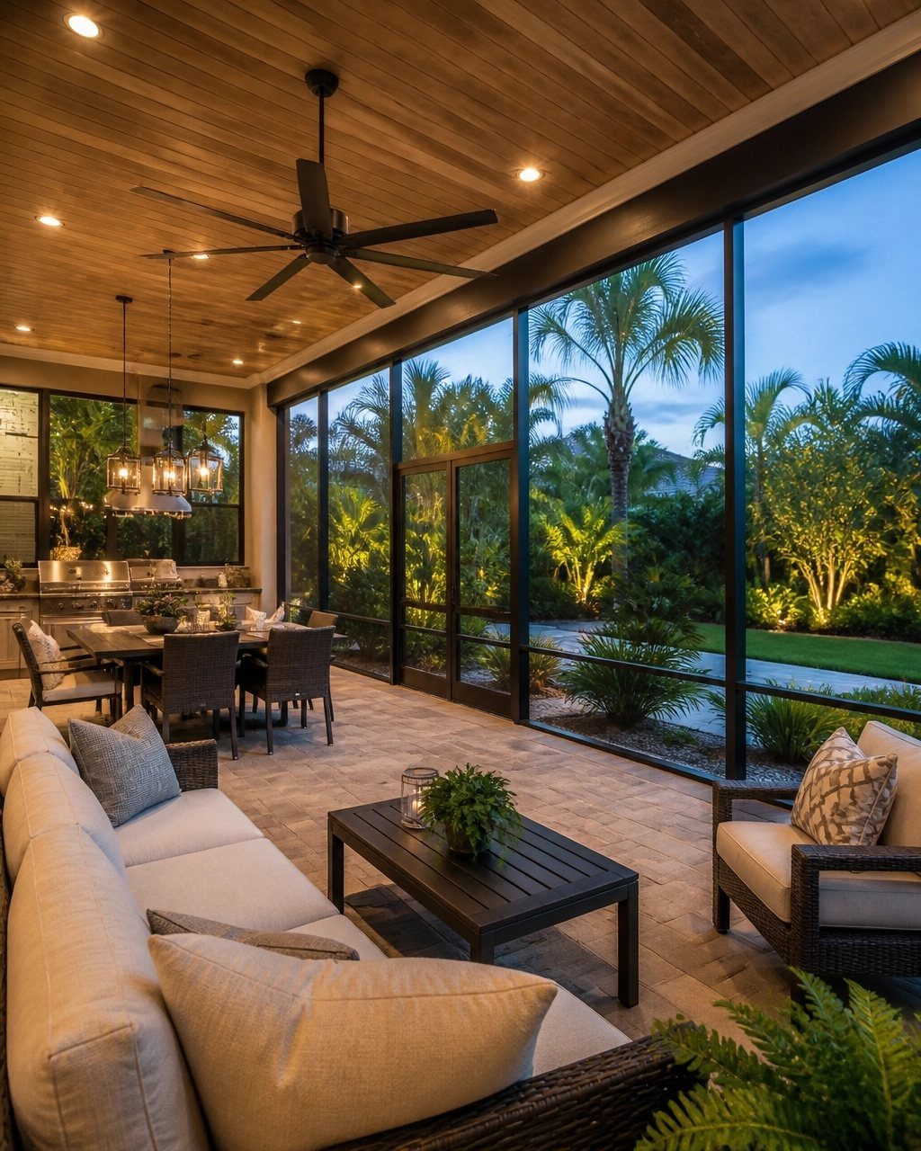 A luxury screened-in patio with lounge seating, dining area, and tropical garden views at twilight.