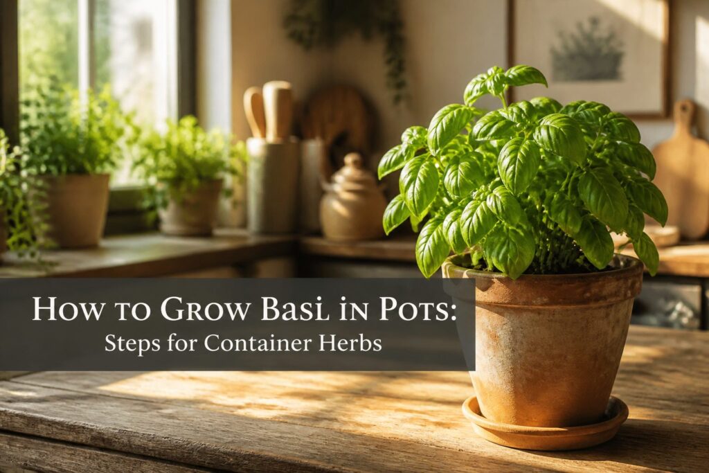 A healthy basil plant in a terracotta pot with green leaves.