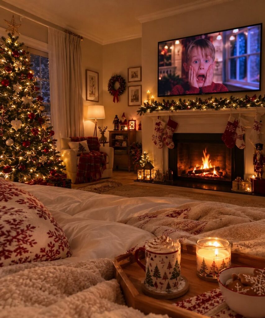 A cozy living room with a Christmas tree, fireplace, and a movie playing on television.