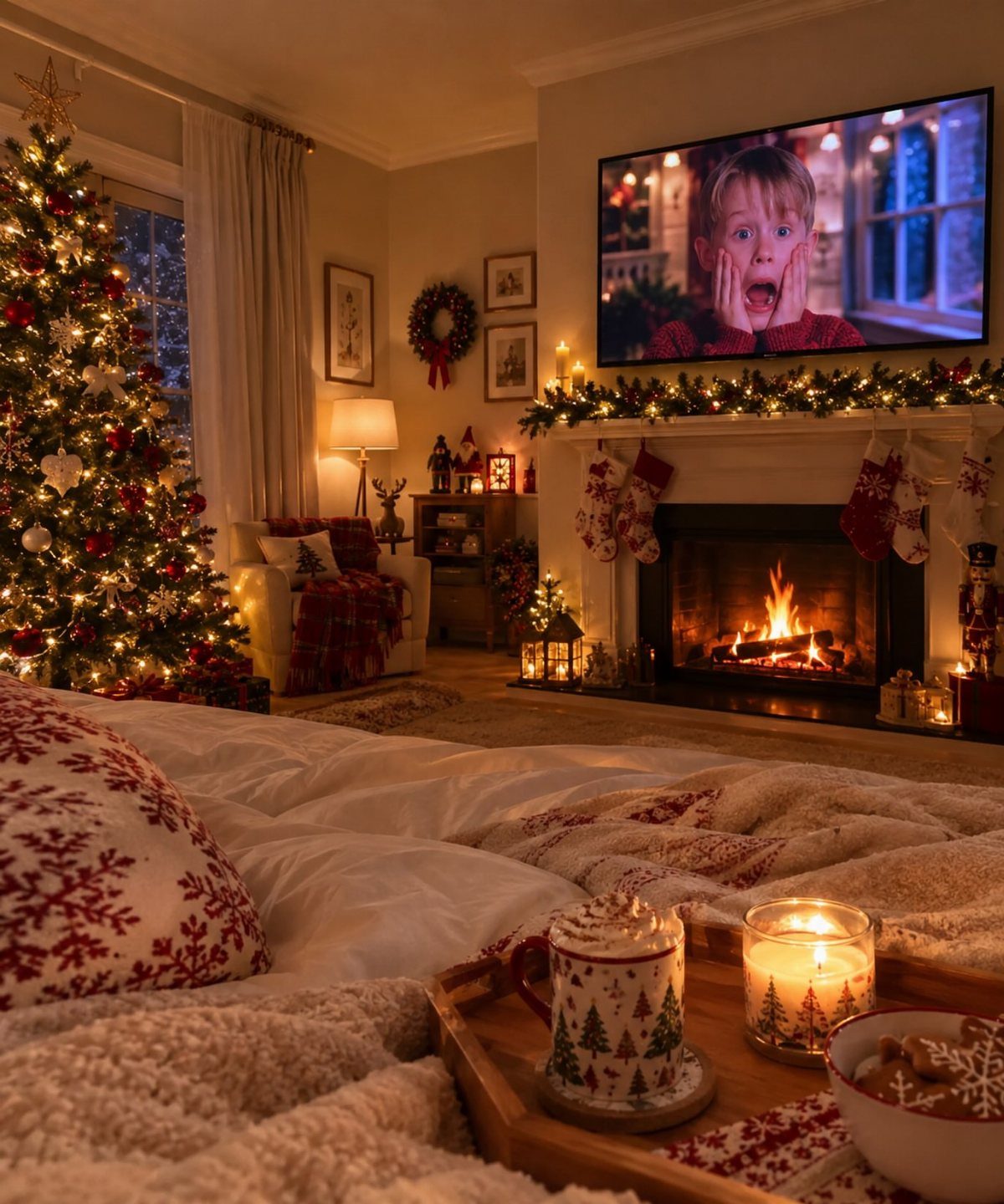 A cozy living room with a Christmas tree, fireplace, and a movie playing on television.