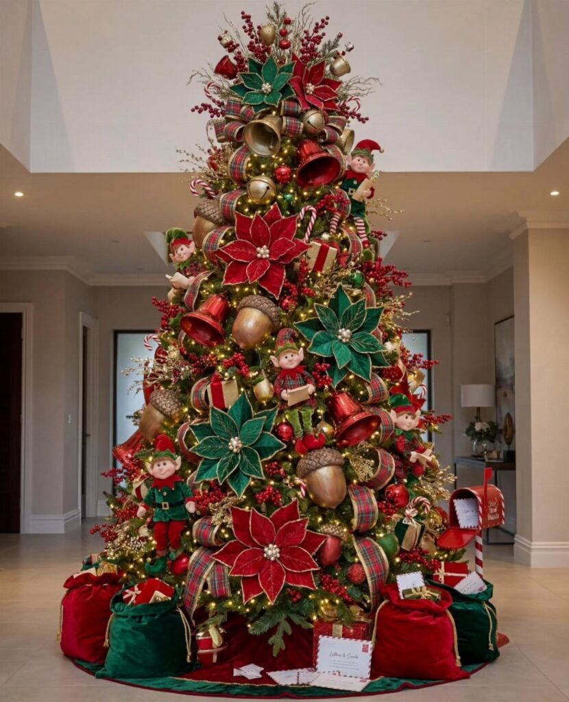 A Christmas tree decorated with red and green ornaments, poinsettias, and small elf figurines.