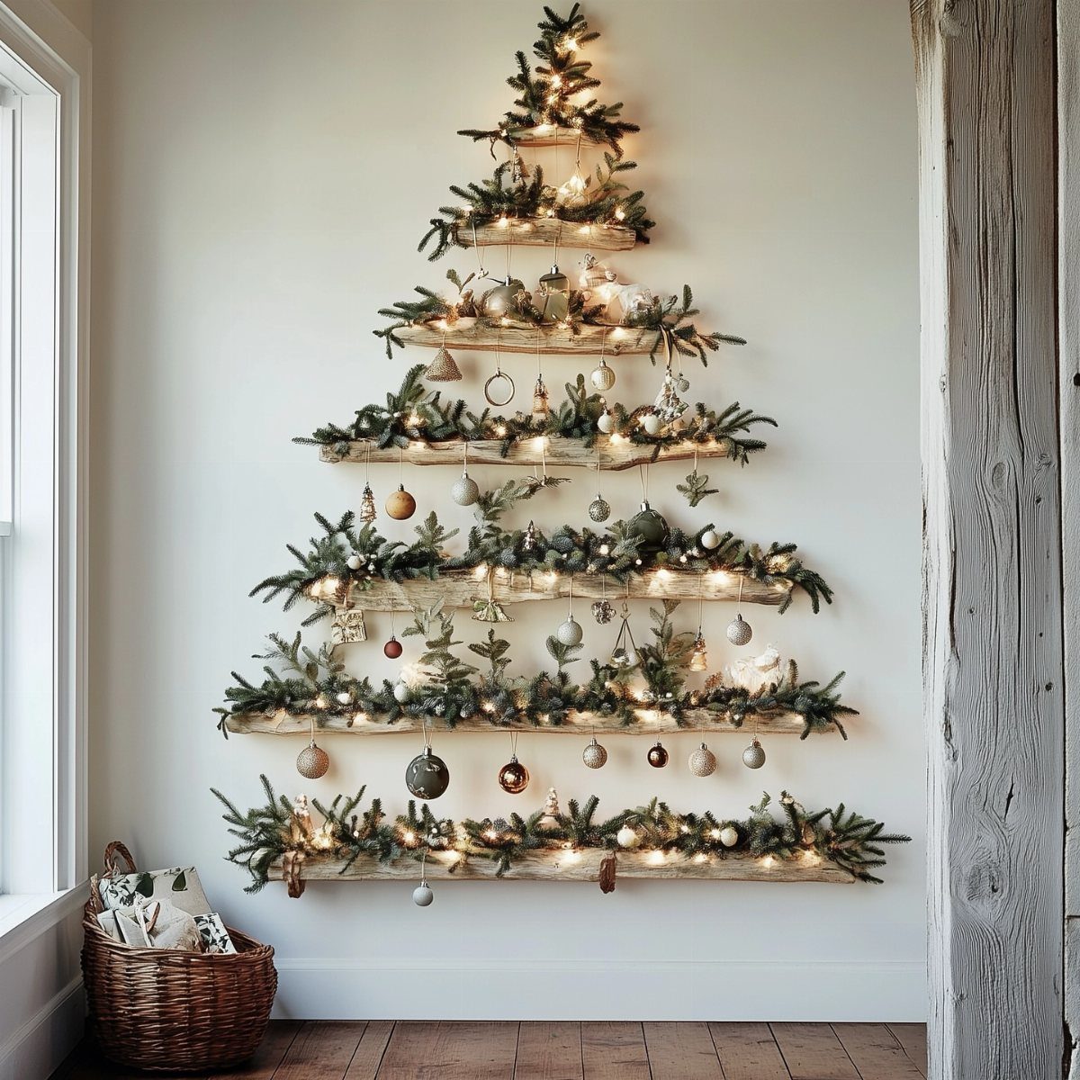 Wooden floating shelves arranged in a triangle shape decorated with greenery and ornaments.