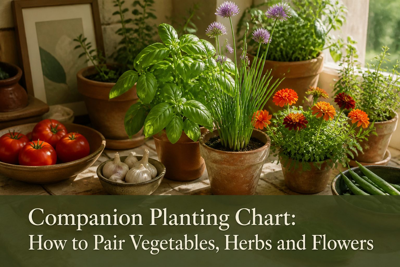 A colorful garden with various vegetables, herbs, and flowers growing together.