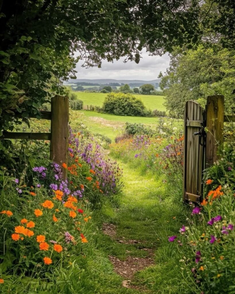 A grassy path through an open wooden gate lined with colorful wildflowers leading toward rolling green hills.