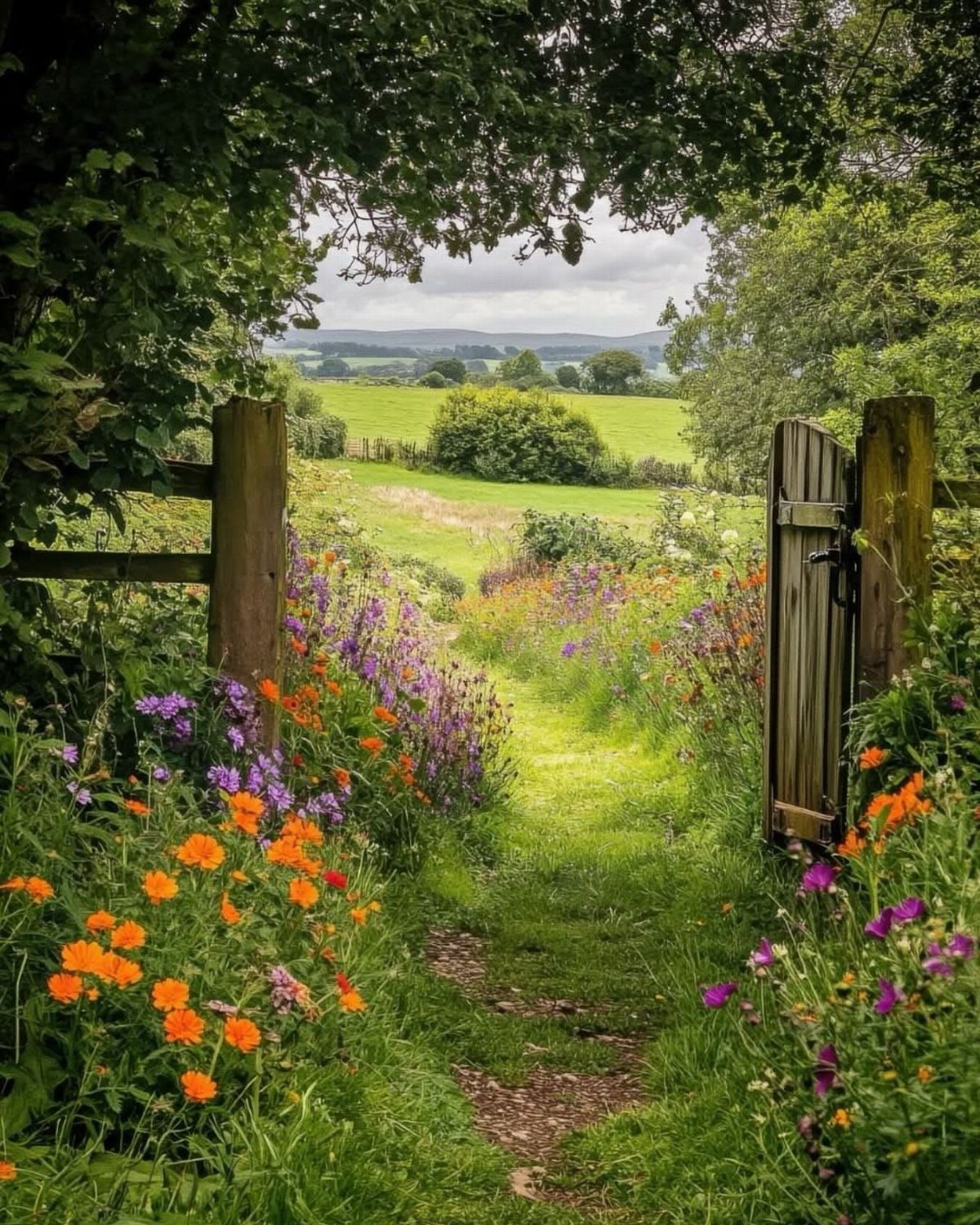 A grassy path through an open wooden gate lined with colorful wildflowers leading toward rolling green hills.