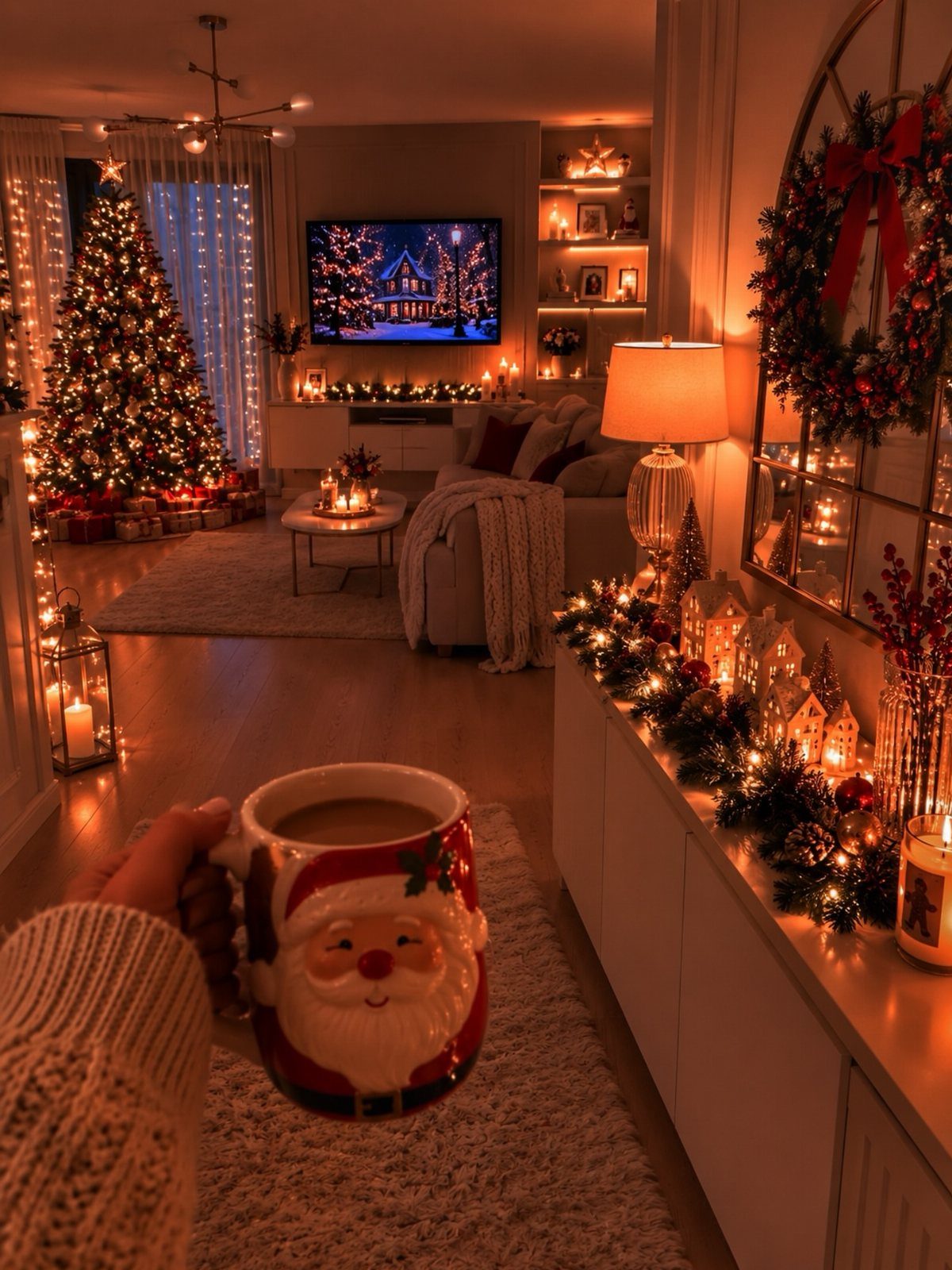A person holds a Santa Claus mug in a warm, dimly lit living room with a Christmas tree.