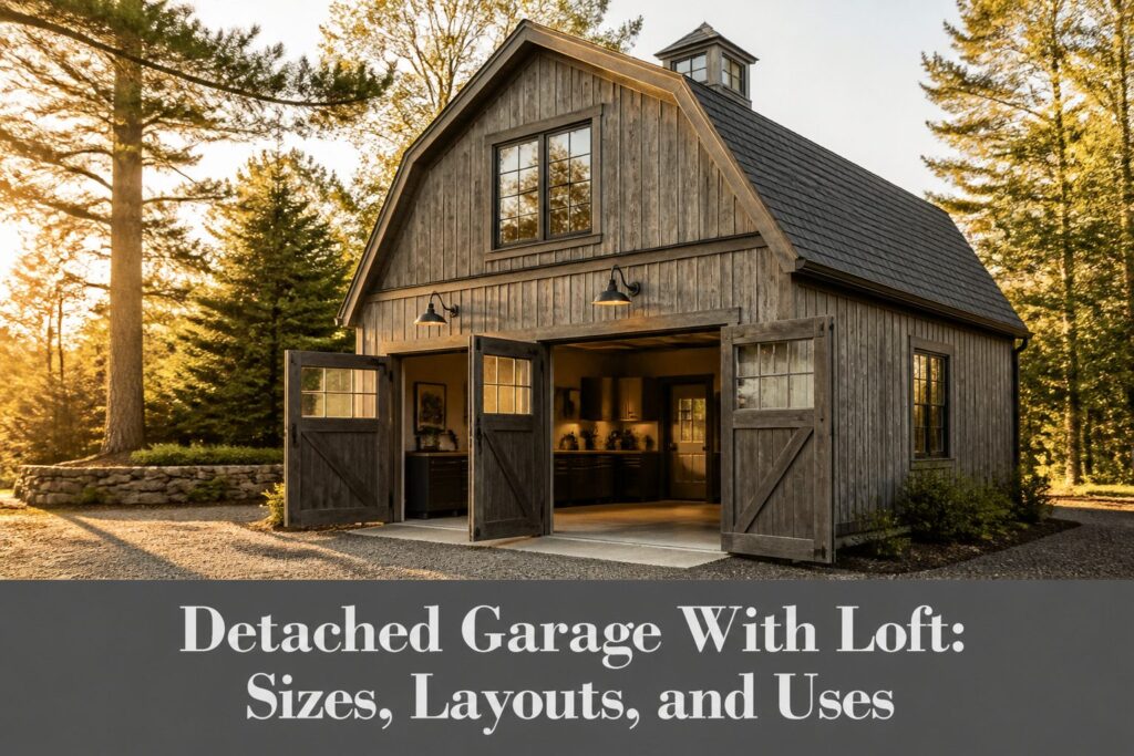 A contemporary detached garage with a loft and large doors.