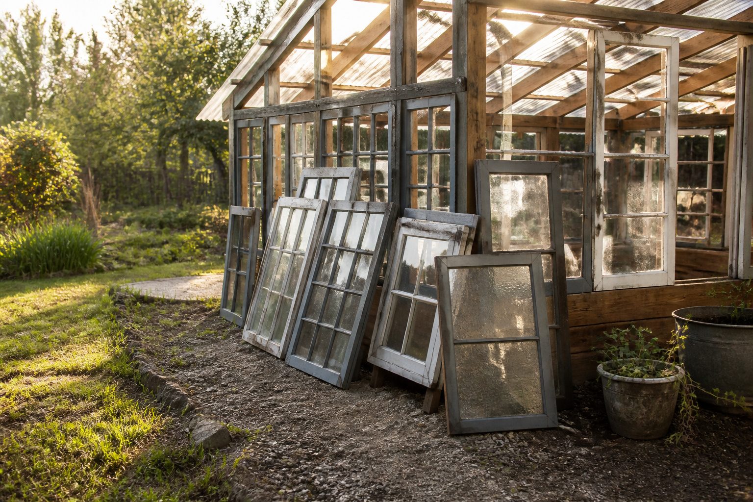 A greenhouse constructed from various recycled windows in a garden setting.