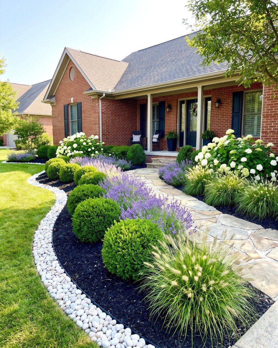 Green shrubs, purple flowers, and white hydrangeas arranged in mulch beds along a stone walkway.