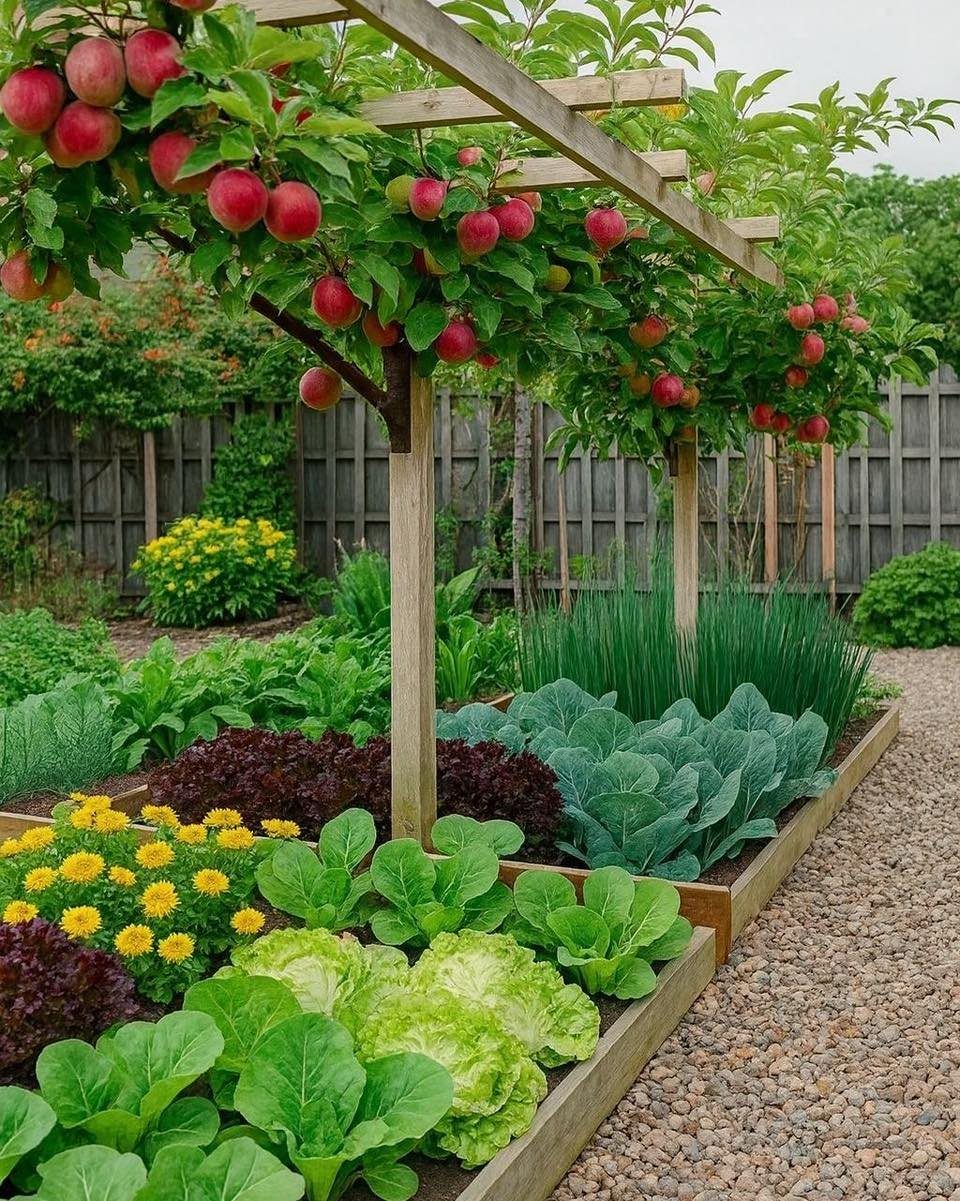 Raised garden beds filled with green lettuce, purple cabbage, yellow flowers, and an apple tree on a trellis.
