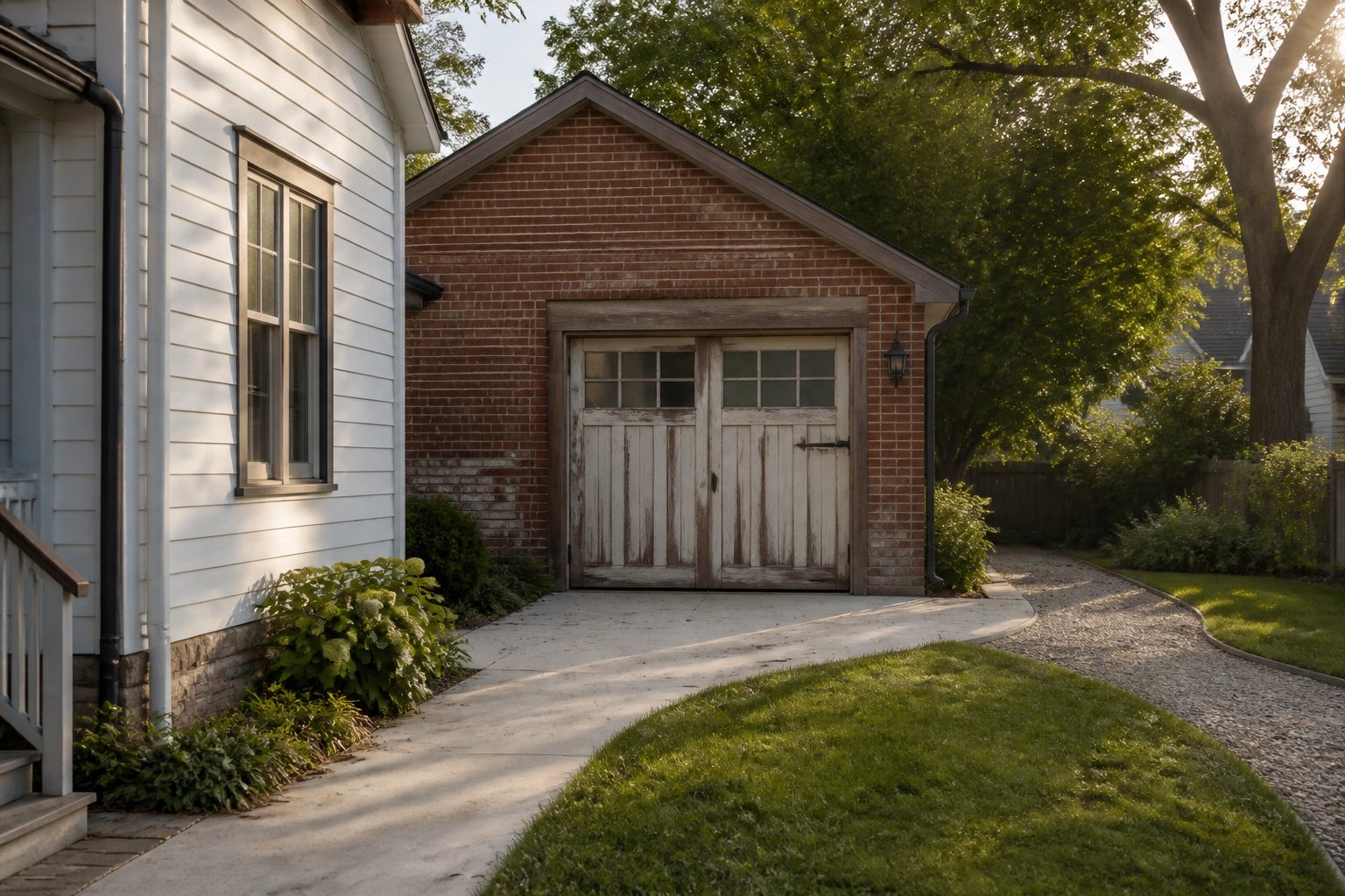 A garage beside a house, showing its structure and surrounding yard.